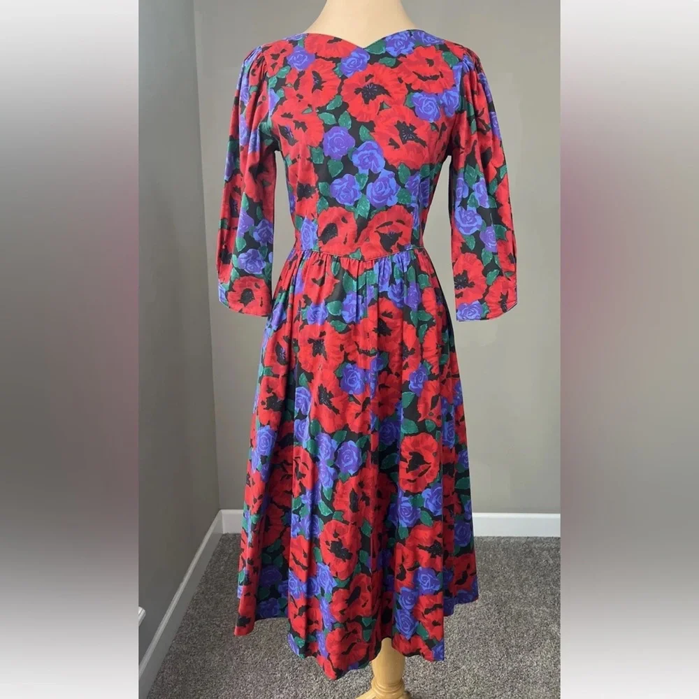 Vintage Lanz Originals Rockabilly Fit Flare Cottagecore Tea Party Floral Dress M - Picture 1 of 6